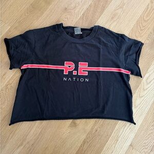 P.E Nation Black Cropped Tee with Red Accent Size S